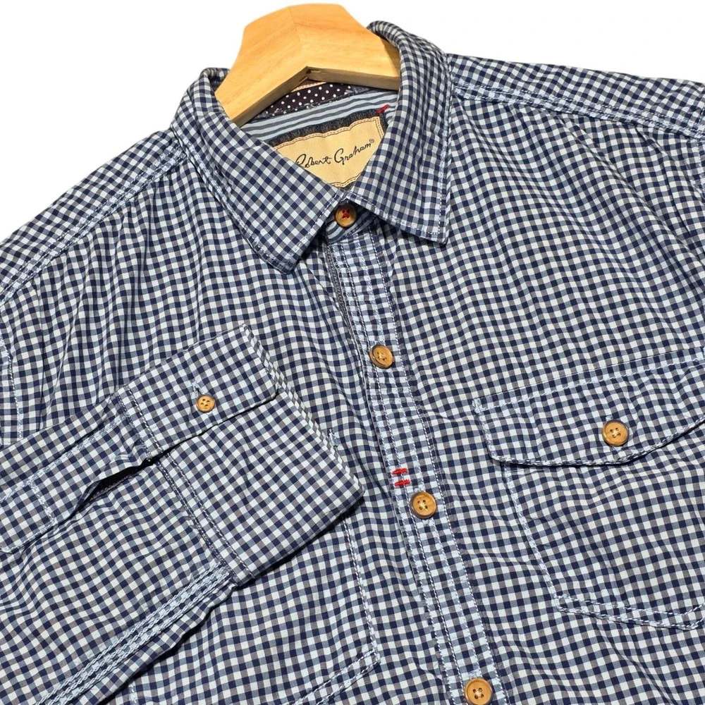 Robert Graham Button Down Mens Large Blue Gingham Plaid Long‎ Sleeve Shirt